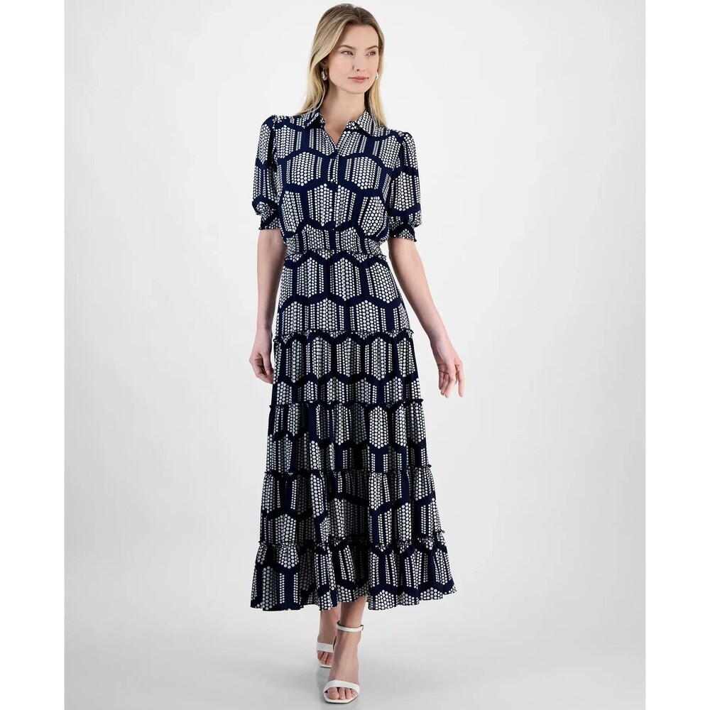 T Tahari Women's Smocked-Trim Elbow-Sleeve Tiered Maxi Dress Navy White XL